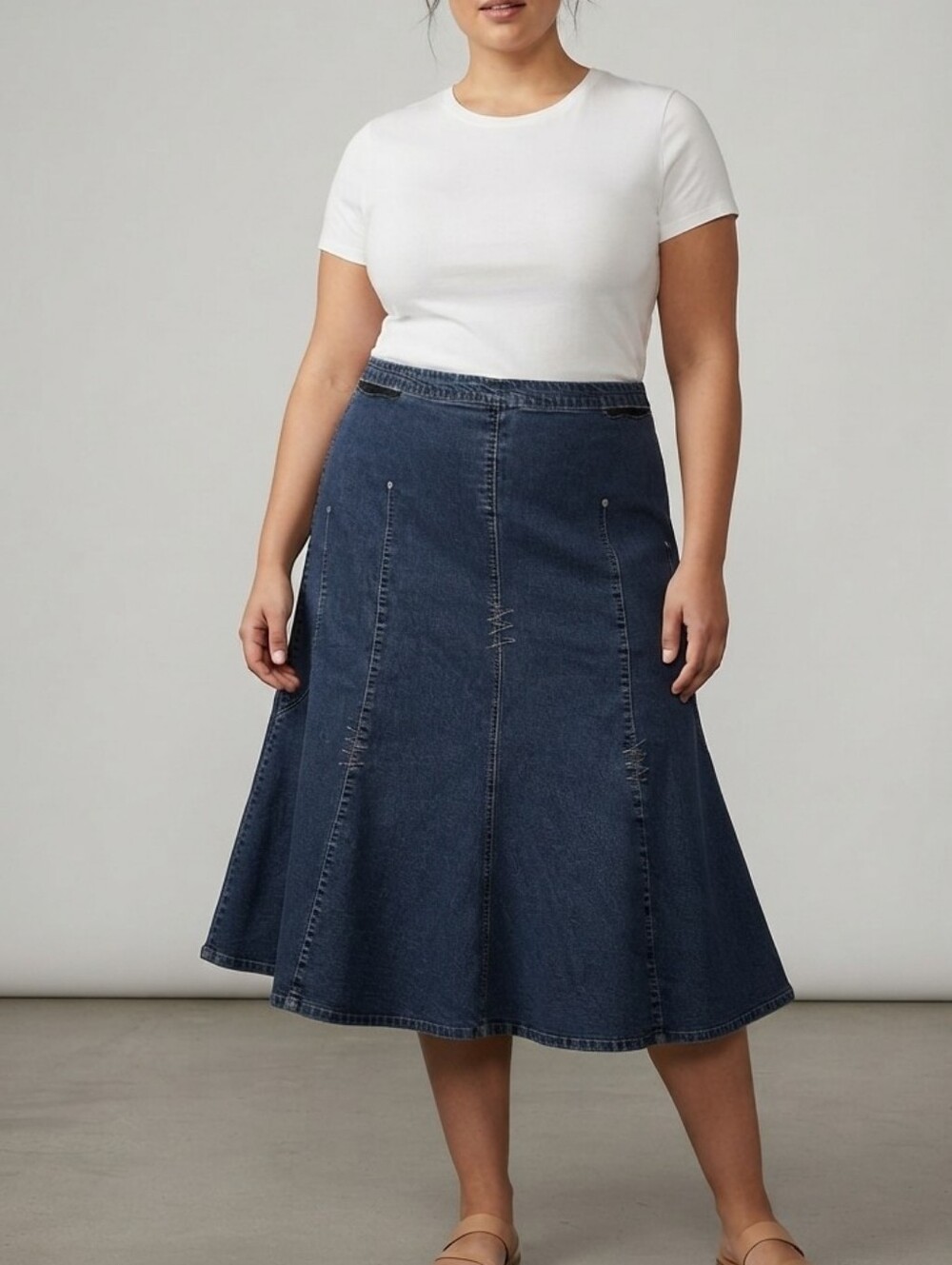 Midi Denim Jean Skirt Sz 24 Plus Stretchy Western Rodeo Southwest Cowgirl Comfy